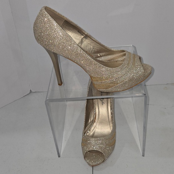Herstyle Shoes - Herstyle Spiccyy Gold Glitter Peep Toe Platform Stiletto Heels Womens Size 9